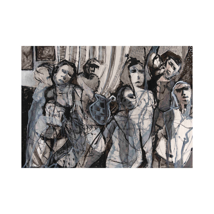 Crowded interior with vase